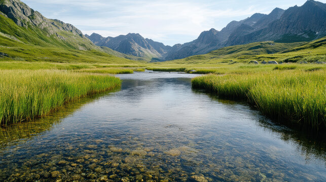 Calm river valley grass river valley mountain grass stream clear water meadow pebble sky