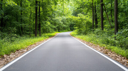 Road winding through lush green forest with peaceful sunny atmosphere