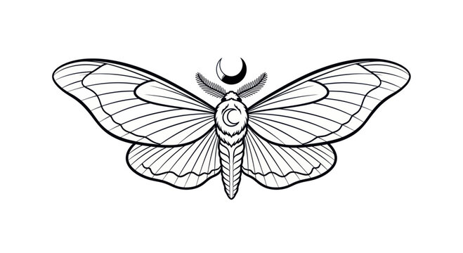 Intricate black and white illustration of a moth with celestial and botanical elements emphasizing