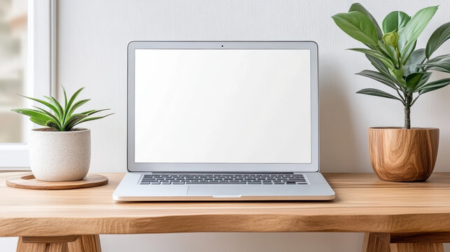 Minimal laptop wooden desk with potted plants and bright neutral workspace creating calm