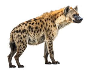 Spotted hyena stands alert in a white environment, ideal for wildlife education, nature documentaries, and African safari promotions.