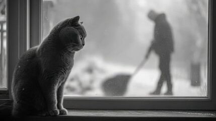 A gray cat is perched by the window, observing a figure shoveling snow outside in a serene winter landscape