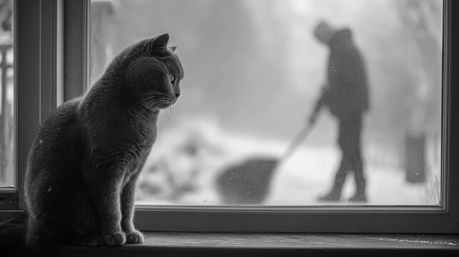 A gray cat is perched by the window, observing a figure shoveling snow outside in a serene winter landscape
