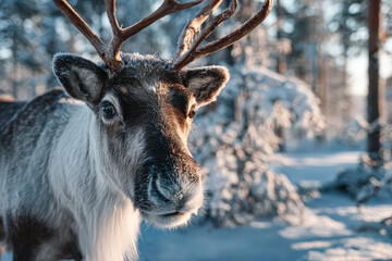 Obraz premium Majestic reindeer with impressive antlers stands in a snowy forest, surrounded by trees and winter scenery, showcasing natural beauty