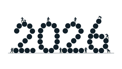 Vision 2026: Silhouette figures collaborate to build the future, forming the number 2026 with precision and teamwork, symbolizing goals and ambitions.