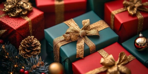 Vibrant Festive Wrapped Presents with Red, Green, and Golden Ribbons for Christmas Celebration