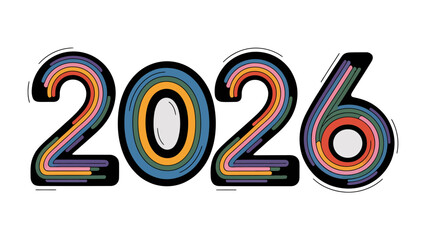 Year 2026: A vibrant and colorful depiction of the year 2026, where the numbers are creatively designed with a cascade of interwoven, bright rainbow hues.