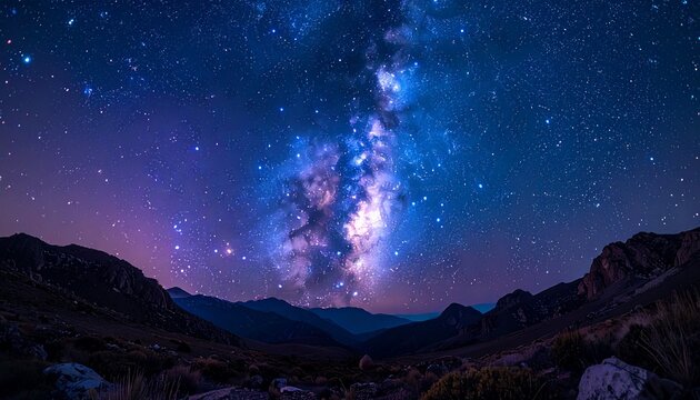 Real astrophotography of a crystal-clear starry sky, sharp stars, visible Milky Way core, deep blues and subtle purples.