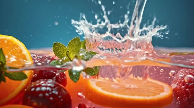 Orange and strawberry slices with mint leaves splashing in liquid Water droplets and bubbles are visible against a blue background