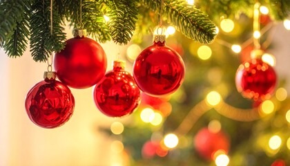 Close-up Christmas Background: Vibrant Red Ornaments Hanging from Green Fir Branches with Warm Golden Bokeh Lights.