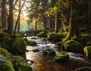 Obraz premium Scenic Forest Stream Flowing Through Mossy Rocks and Lush Greenery Landscape