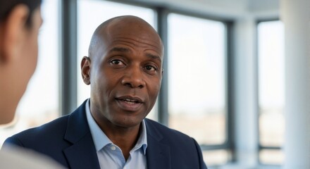 Close-up portrait of a businessman, confident look, business conversation in an office with large windows, professional style, constructive dialogue, bright modern interior