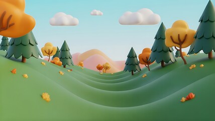 Spring and autumn landscape with trees, flowers, and clouds