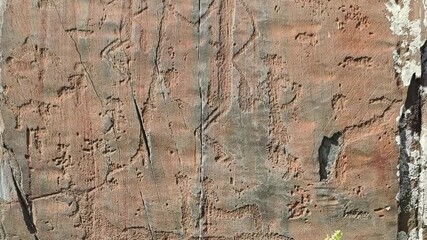 Petroglyphs of the Kalbak-Tash tract in Altai. A large deer, a ram and ancient hunting people are carved on the stone. Vertical video - Powered by Adobe