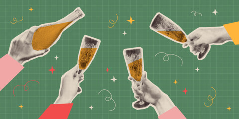 Retro Christmas collage with halftone hands holding champagne bottle and glasses on grid background. New Year celebration paper cutout with sparkling stars, decorative elements for xmas party design.