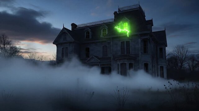 Cinematic wide shot of a dilapidated Victorian house at dusk, fog swirling around the base. A flickering, sickly green light glows in one upstairs window