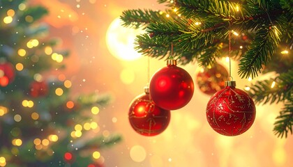 Bright Christmas Background: Detailed View of Shiny Red Glass Balls and Natural Evergreen Foliage.