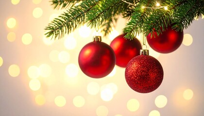 Elegant Christmas Background: Traditional Red Baubles on Pine Tree Needles and Soft Festive String Lights.