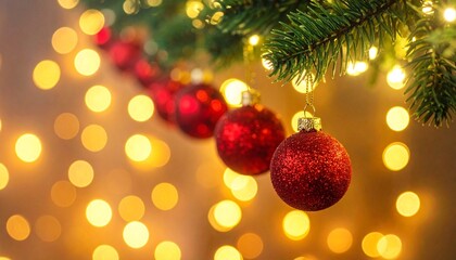 Classic Christmas Background: Red Decorations on Green Tree in Warm Light. Holiday Season and New Year Theme.