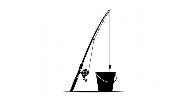 Fishing Pole Leaning Against Bucket Silhouette White Vector