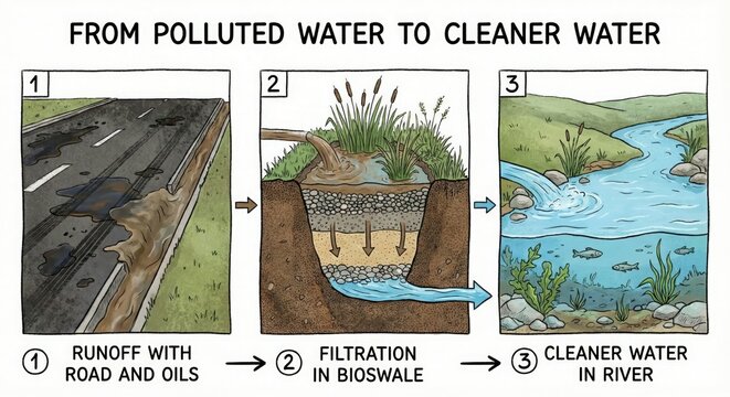 From Polluted Water to Cleaner Water &mdash; Stormwater Filtration Steps (Watercolor Infographic)