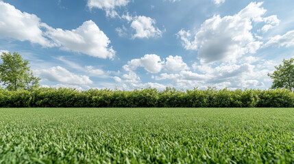 Fototapeta premium Green grass field blue sky with fluffy clouds and distant hedge creating peaceful open landscape