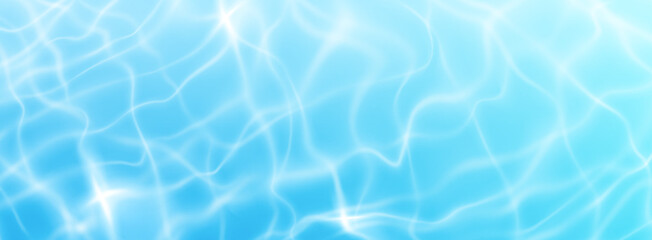 Fototapeta premium Pool water texture with rippling surface patterns and shimmering caustic reflections. Blue liquid background with realistic wave effects, sunlight overlay and aquatic elements for summer graphics.