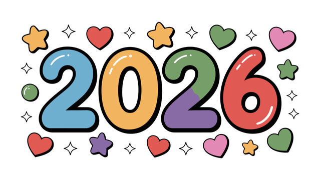 Vibrant 2026: A playful and colorful illustration of the year 2026 adorned with cheerful stars and hearts, radiating positivity and forward-thinking.