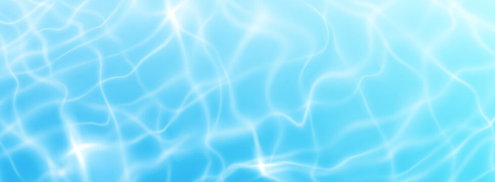 Pool water texture with rippling surface patterns and shimmering caustic reflections. Blue liquid background with realistic wave effects, sunlight overlay and aquatic elements for summer graphics.