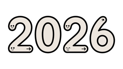 New Year of 2026: An illustration showcases the year 2026 in a modern, engaging font with integrated smiley faces and arrow details, symbolizing forward progression and future anticipation.