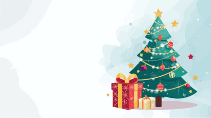 Vector illustration of a festive Christmas background featuring a prominent gift box with a flat design, surrounded by a beautifully decorated Christmas tree