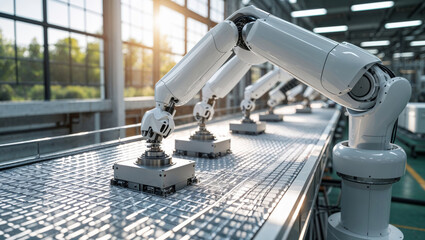 Robotic arms working on an automated assembly line in a modern factory