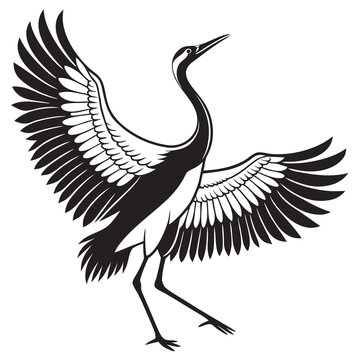 Vector illustration black and white illustration of a majestic crane bird with wings fully spread in a graceful, dancing pose