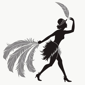 Vector illustration silhouette of a flapper dancer wearing a feathered hat and holding large ostrich feathers