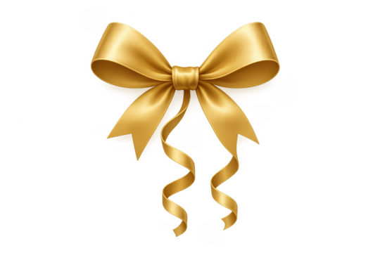 Golden gift bow with curly ribbon on transparent background