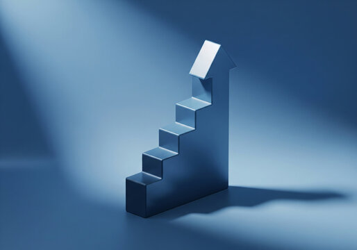 Steps ladder with arrow upward on blue background - Powered by Adobe