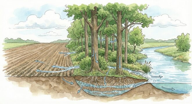 Riparian Buffer and Rain Garden Along Stream &mdash; Watercolor Illustration