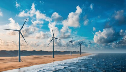 Panoramic view of a serene coastline adorned with majestic wind turbines, harnessing the power of nature for sustainable energy generation under a bright, cloudy sky
