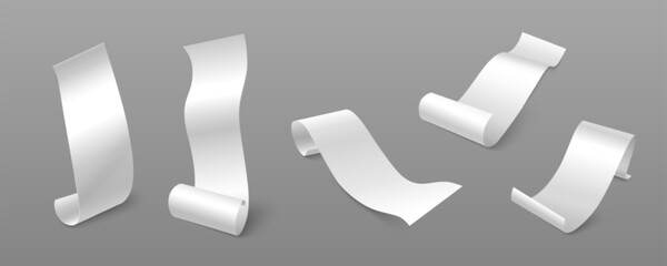 Long paper bill mockup in 3D realistic style - isolated white receipt roll for shop payment. Blank thermal check template with paper texture for grocery store, restaurant POS or supermarket cashier.