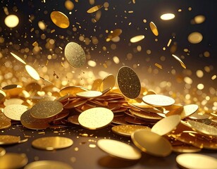 Golden coins cascade, pile up; dark backdrop
