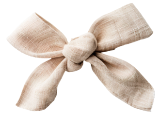 This cut out element features a rustic linen bow in neutral tones, set on a transparent background, perfect for adding a touch of elegance to any project or design
