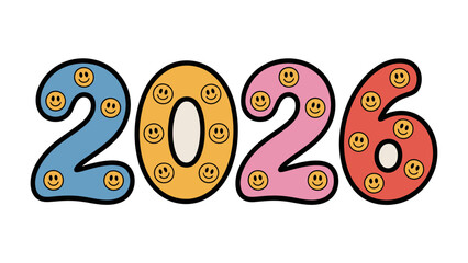 Obraz premium Year 2026: The vibrant year 2026 is adorned with charming smiley faces. This image evokes feelings of optimism and excitement for the future. 