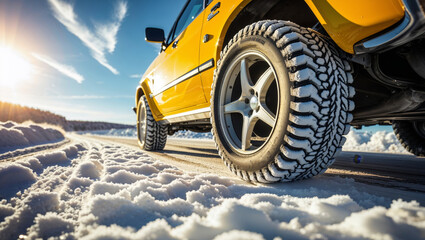 Yellow car driving on a snowy road in winter with snow-covered tires
