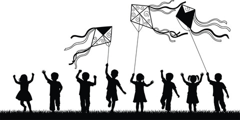 Children flying kites, outdoor play, joyful movement, silhouette illustration, grassy field scene, freedom expression, childhood activity concept, flat vector © MstFerdushe