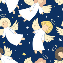 Cute flying angel cartoon seamless pattern. Christmas background, vector illustration.