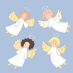 Cartoon angel set. Vector illustration of flying baby angel for Christmas holyday decoration.