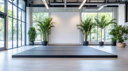Fototapeta premium Indoor yoga platform with potted palm plants and natural light creating calm ambiance