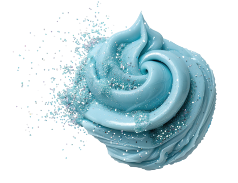 A vibrant blue glitter swirl showcases a frosty shimmer effect, isolated on a transparent background. Ideal for adding a festive touch to various projects and decorations