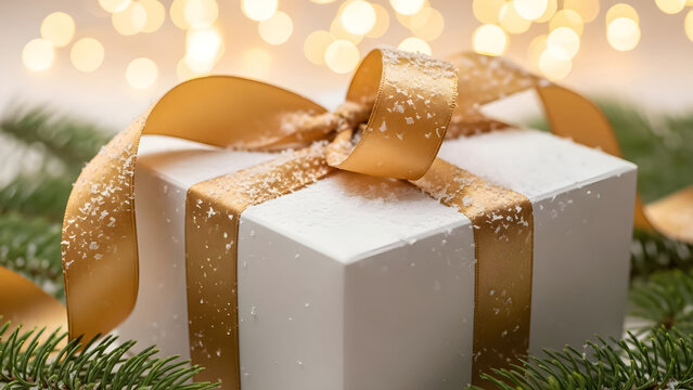 Elegant white gift box with gold ribbon and snow on pine boughs against bokeh lights