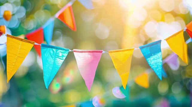 Colorful bunting flags hanging from a string in the air